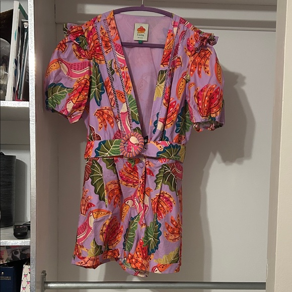 FARM Rio Pants - FARM Rio Purple Tropical Print Romper with Belt